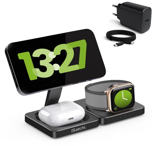 iSetchi 3-in-1 Power Base – Draadloze Oplader 15 W – Opvouwbaar & Lichtgewicht – Qi Oplaadstation – Inclusief Kabel – Compatibel met Smartphone, Smartwatch & Oordopjes