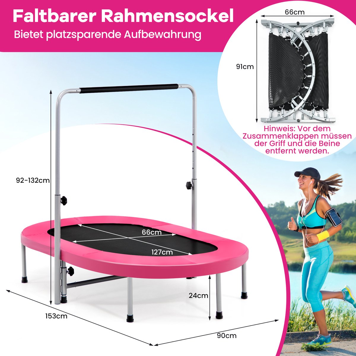 COSTWAY Trampoline voor 2 personen met in hoogte verstelbare handgreep, mini-trampoline tot 150 kg belastbaar, kindertrampoline inklapbaar, tuintrampoline voor kinderen en volwassenen (roze) — afbeelding 6