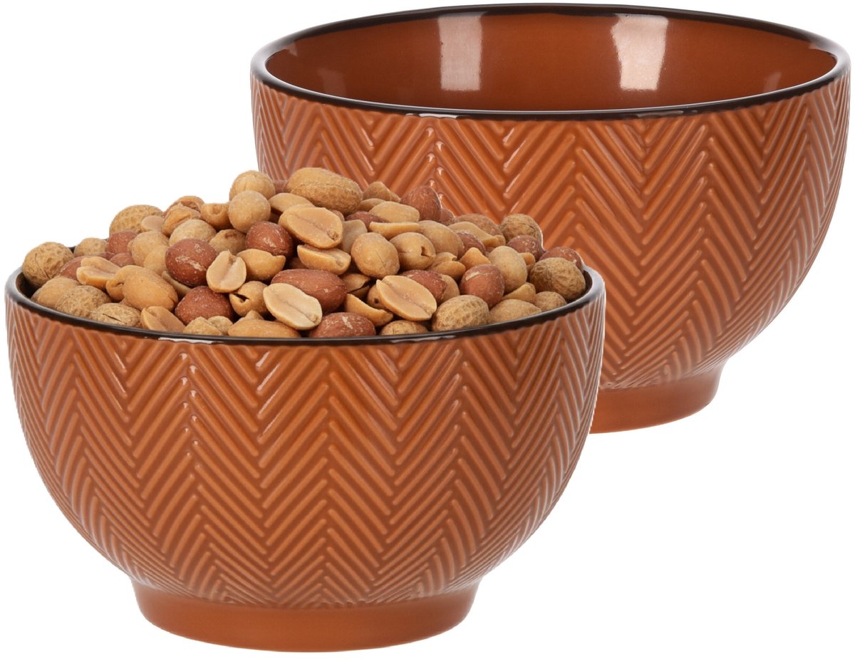 Siaki Serveer/chips schaaltje Fishbone - 2x - terra - 14 x 8 cm - keramiek - kommetjes - 680 ml