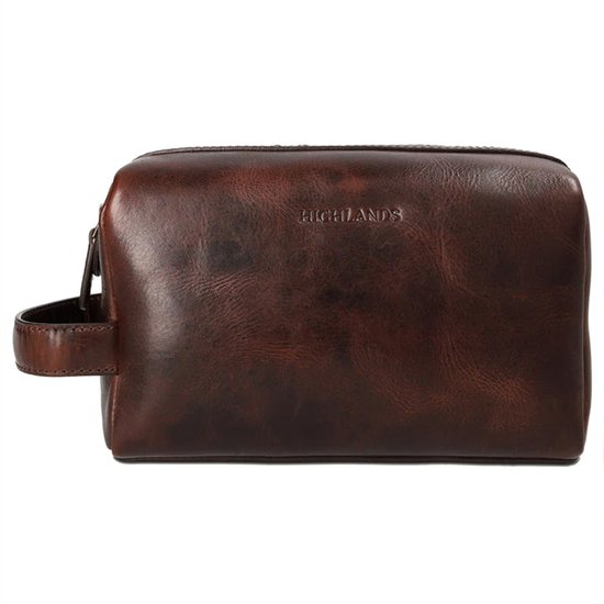 Highlands Leather Torrin Toilettas – Premium Leren Wash Bag – Handgemaakt & Duurzaam – Compact, Gestructureerd & Waterbestendig – 22x13x11,5 cm – Donkerbruin