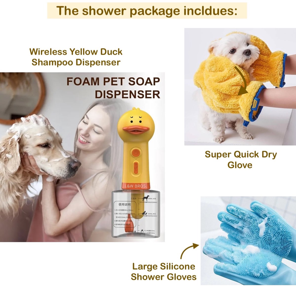 Shower Complete Set for Dogs (1x Cordless Dog Foamer & 1x Quick Dry Gloves & 1x Silicone Shower Gloves) - Easy Fast Safe Dog Shower Home Cleaning - Hondendouche Thuis Schoonmaken