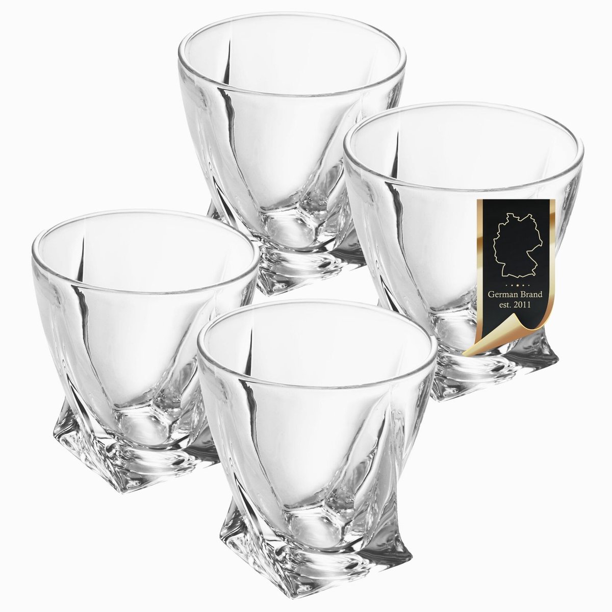 Intirilife 4x whiskyglas in CRYSTAL CLEAR 'TWISTED' - Old Fashioned Whiskey Crystal Glass Loodvrij in Sculpture Design vaatwasmachinebestendig perfect voor Scotch, Bourbon, Whisky en nog veel meer.