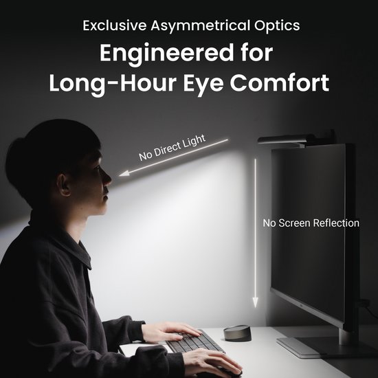 Man kijkt naar monitor met BenQ ScreenBar Halo 2. Geen direct licht of schermreflectie, ontworpen voor oogcomfort.