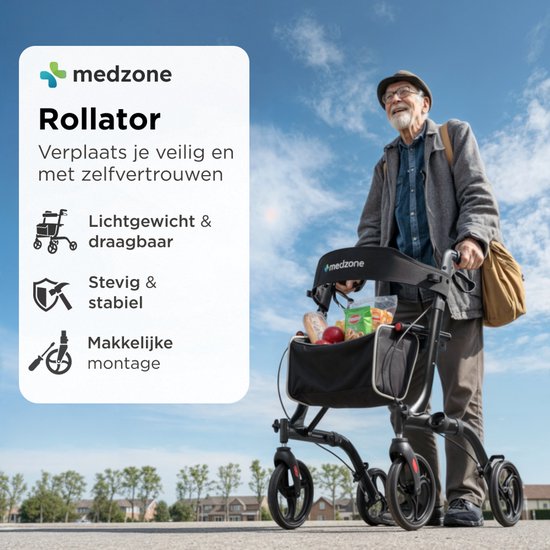 Een oudere man met pet en tas loopt buiten met een zwarte Medzone rollator gevuld met boodschappen.