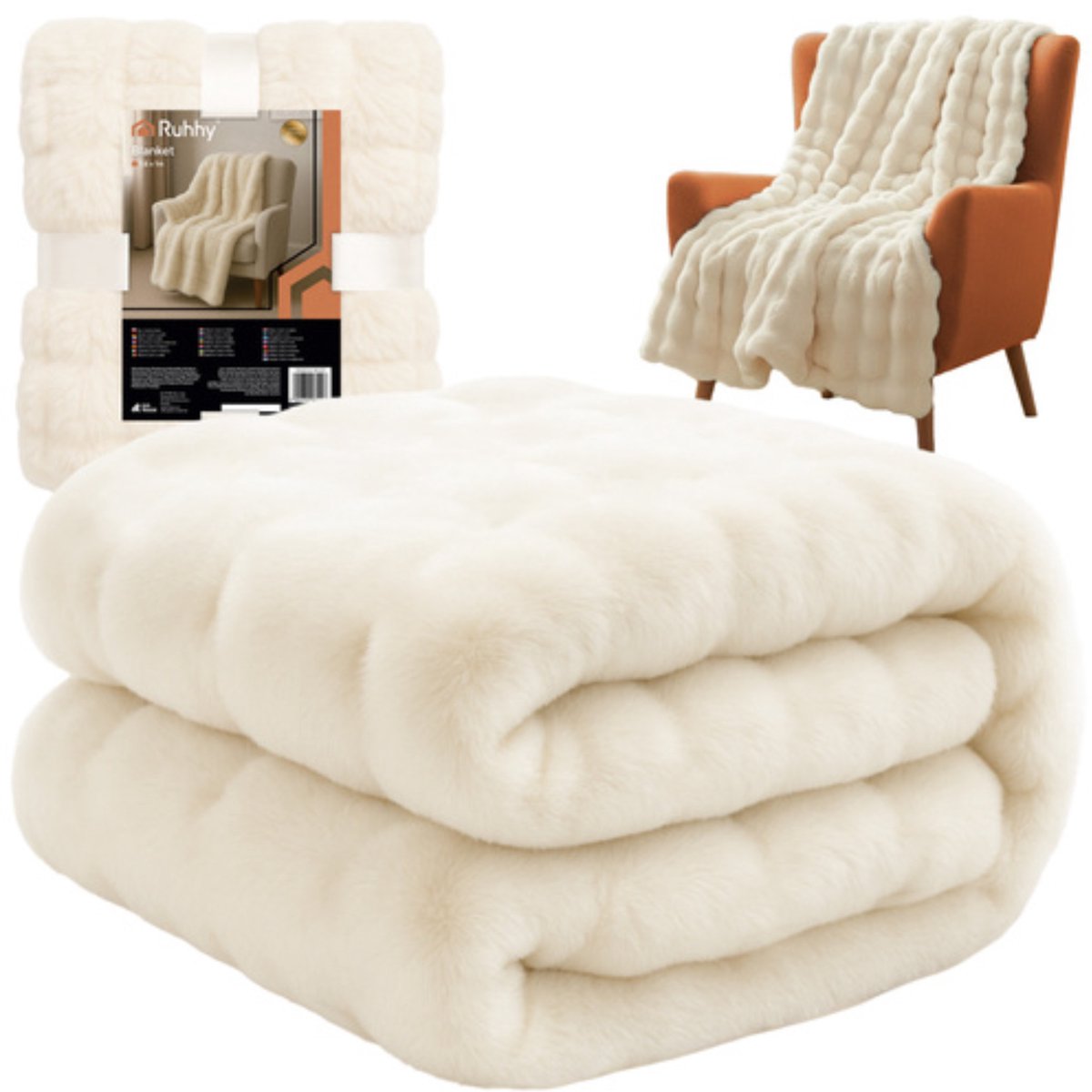 Ruhhy Zachte witte deken van pluche – warme imitatiebont plaid 160x100 cm voor bank of bed