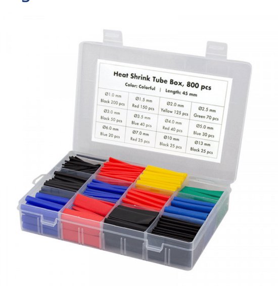Een doos met 800 stuks krimpkous in verschillende kleuren: zwart, rood, geel, blauw en groen, 45 mm lang.
