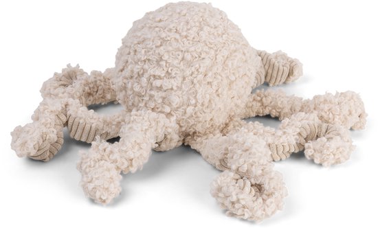 Off-white, zacht octopusknuffel met piep- en geribbelde tentakels, staand op een witte ondergrond.