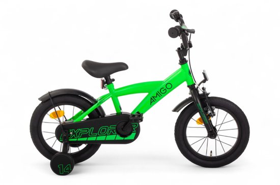 Groene kinderfiets 'AMIGO Explorer' 14 inch met zijwieltjes, zwart zadel en stuur.
