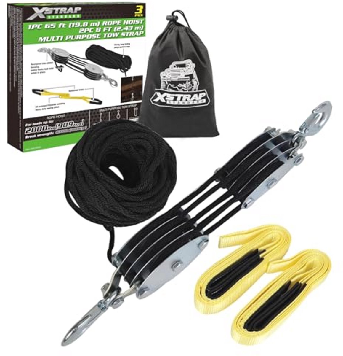 Heavy-Duty 65 FT Rope Hoist with 4lb Breaking Strength and 2PK 8 FT Lift Sling