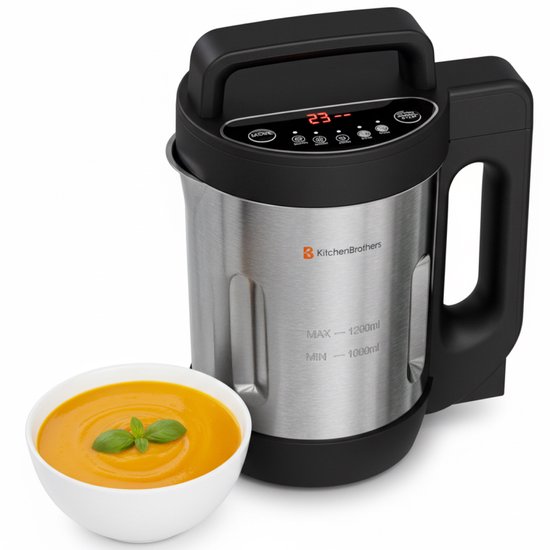 KitchenBrothers Soepmaker - 1.2L - 5 Programma's - Timer Display - Blender - RVS/Zwart