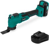 Groen-zwarte VONROC multitool met 2.0Ah 20V accu en lader. Inclusief zaagblad en schraper.