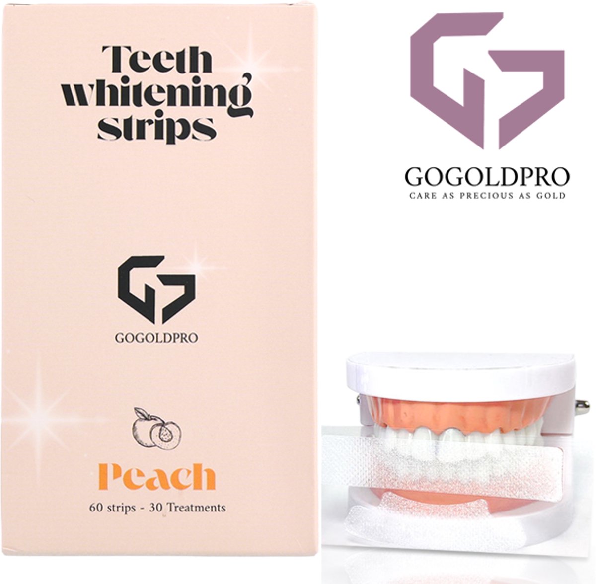 GoGoldPro 60 Tanden bleek Strips - PAP+ Strips voor Stralend Witte Tanden - Wittere Tanden Zonder Peroxide - 100% Veilig en Natuurlijk! - Teeth Whitening Strips - 7 Verschillende Smaken - Perzik