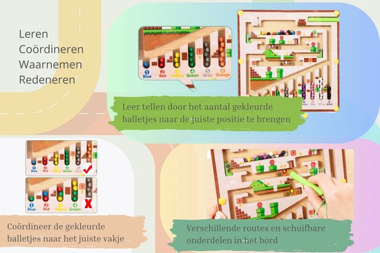 Houten doolhofspel met Mario-thema, met gekleurde balletjes en een magnetische pen om ze naar de juiste vakjes te leiden.