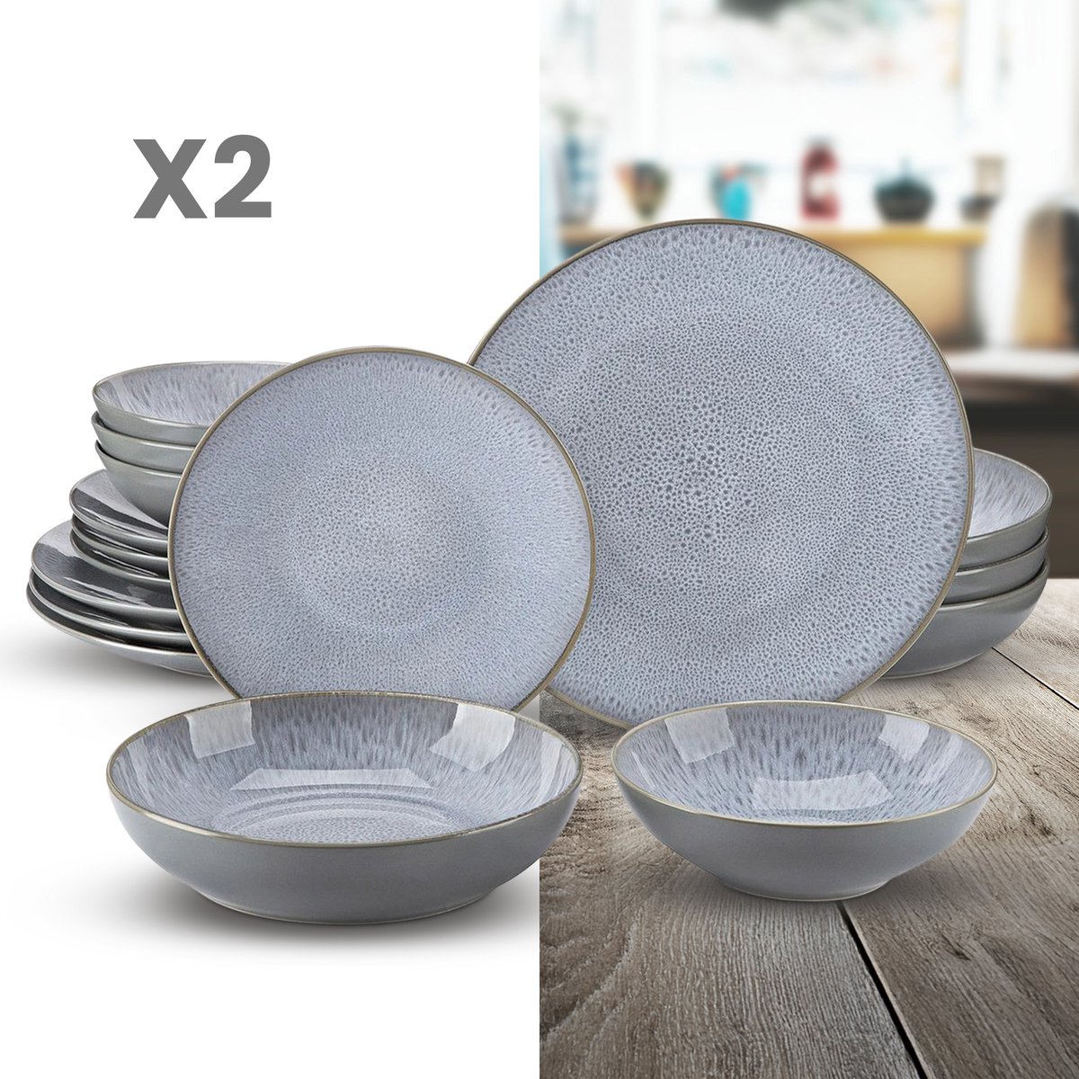 Luxe Serviesset – 32 delig – 8 persoons – Porselein - Bordenset – Dinner platen – Dessertborden - Kommen - Mokken - Schaaltjes - Grijs