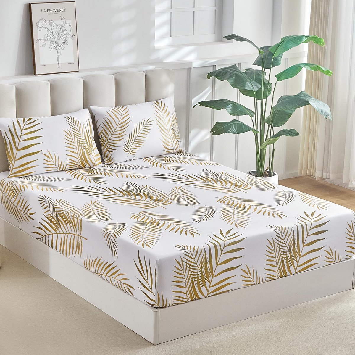 Unyqoos Zacht microvezel hoeslaken 160x200 cm met kussenhoezen en tropisch bladpatroon wit goud
