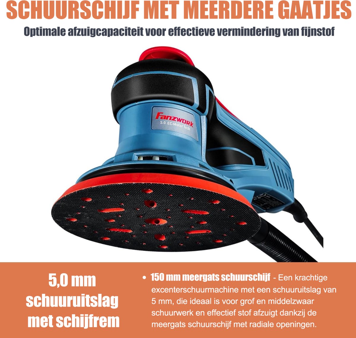 Borstelloze Excentrische Schuurmachine 350W – 5 mm Excenter – 125/150 mm – Regelbaar – Met Koffer – foto 7