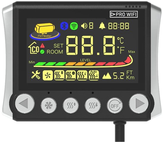 Luchtverwarmingscontroller met LCD-scherm, digitale temperatuurweergave, ventilatie-icoontjes en bedieningsknoppen.