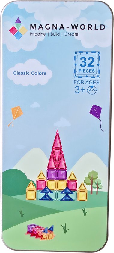 Magna-World Classic Colors Mini 32 stuks - Magnetische Bouwstenen - Travel set - Reisset - Magnetic Tiles - Magnetisch Speelgoed - STEM Speelgoed - Montessori speelgoed - compatibel met de grote merken