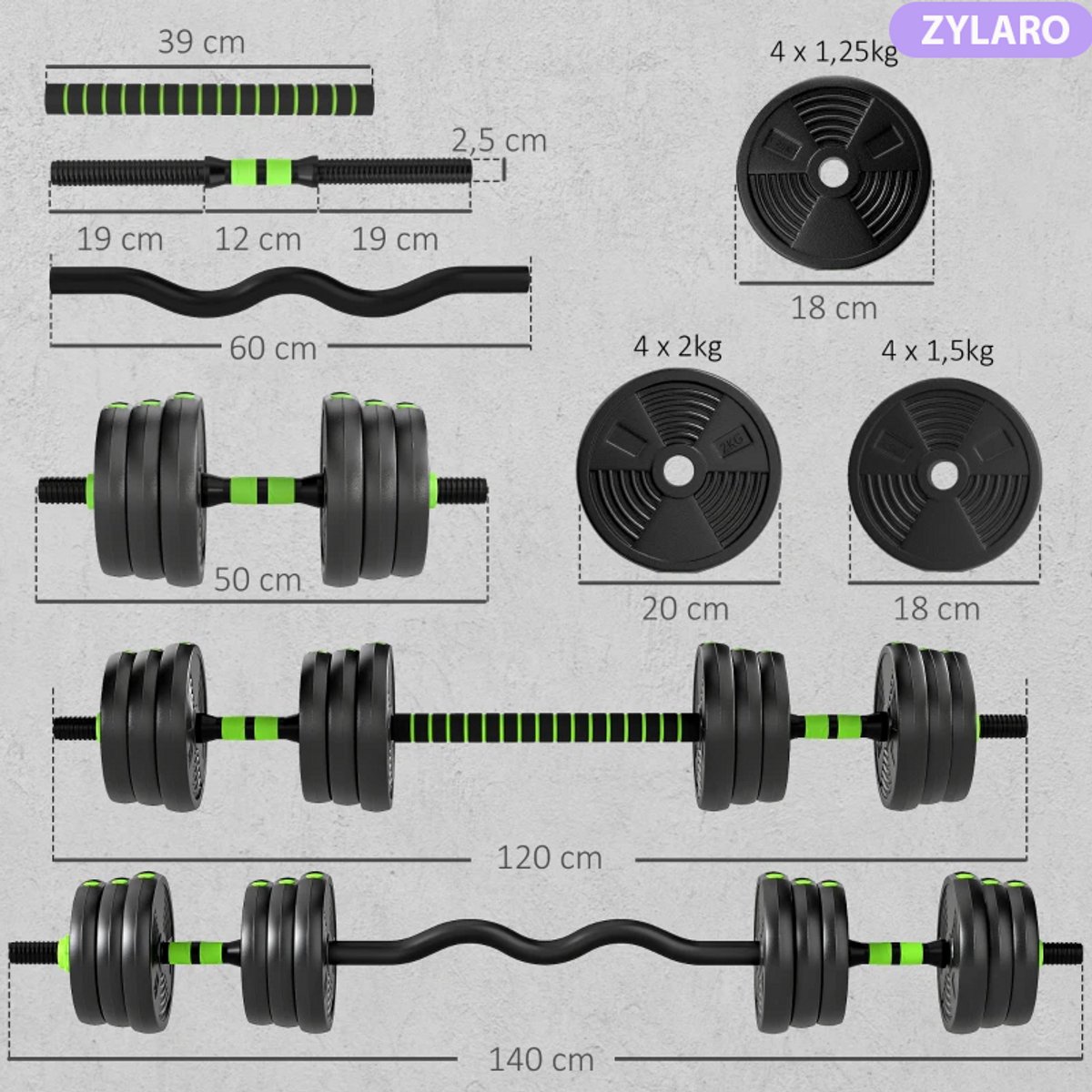 3-in-1 Verstelbare Dumbbells, Halter & Kettlebell Set - Gewichten Set met 12 Schijven: 4 x 2 kg, 4 x 1,5 kg, 4 x 1,25 kg- 20 KG Verstelbare Halterset - Thuis Fitness - Thuisgym - Zwart/Groen – foto 6