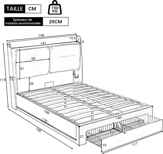 Lit rembourré OKWISH 140x190 cm – Lit double LED avec système de rangement hydraulique – Tiroirs – Velours – Beige