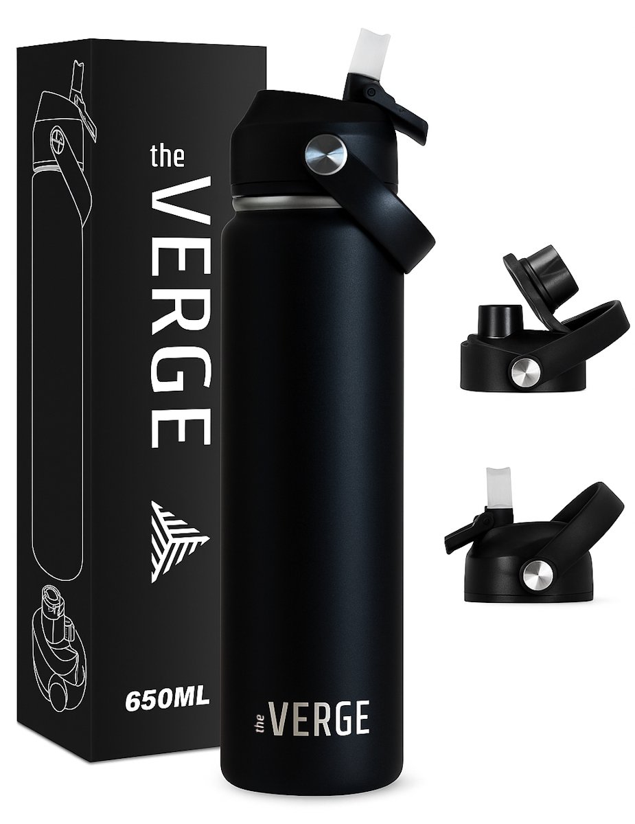 The Verge - Luxe RVS Thermosbeker / Drinkfles – BPA en Lekvrij – 650 ML - Waterfles met Rietje – Dubbelwandige isolatie - Sportbidon - Kinderen & volwassenen - Zwart
