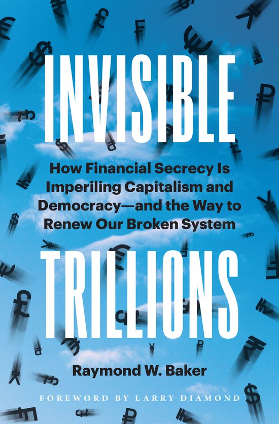 Boekomslag van 'Invisible Trillions' met de titel groot in witte letters op een blauwe lucht vol met munttekens.
