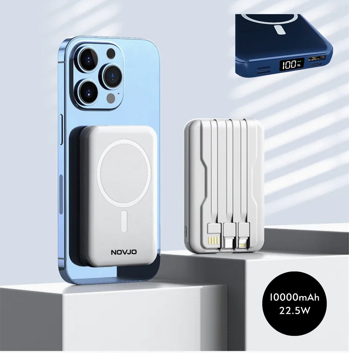 NOVJO® 3-in-1 Magnetische Draadloze Powerbank – 10000mAh – 15W Draadloos / 22.5W Snelladen – Inclusief ingebouwde kabels & LED-display – Wit