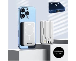 NOVJO® 3-in-1 Magnetische Draadloze Powerbank – 10000mAh – 15W Draadloos / 22.5W Snelladen – Inclusief ingebouwde kabels & LED-display – Wit