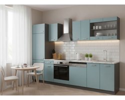 Keukenblok 300 cm Blauw-Grijs / Antraciet met Wit Marmer Werkblad – Complete Keukeneenheid met Boven- & Onderkasten, Softclose Deuren en Moderne Look – Novihome