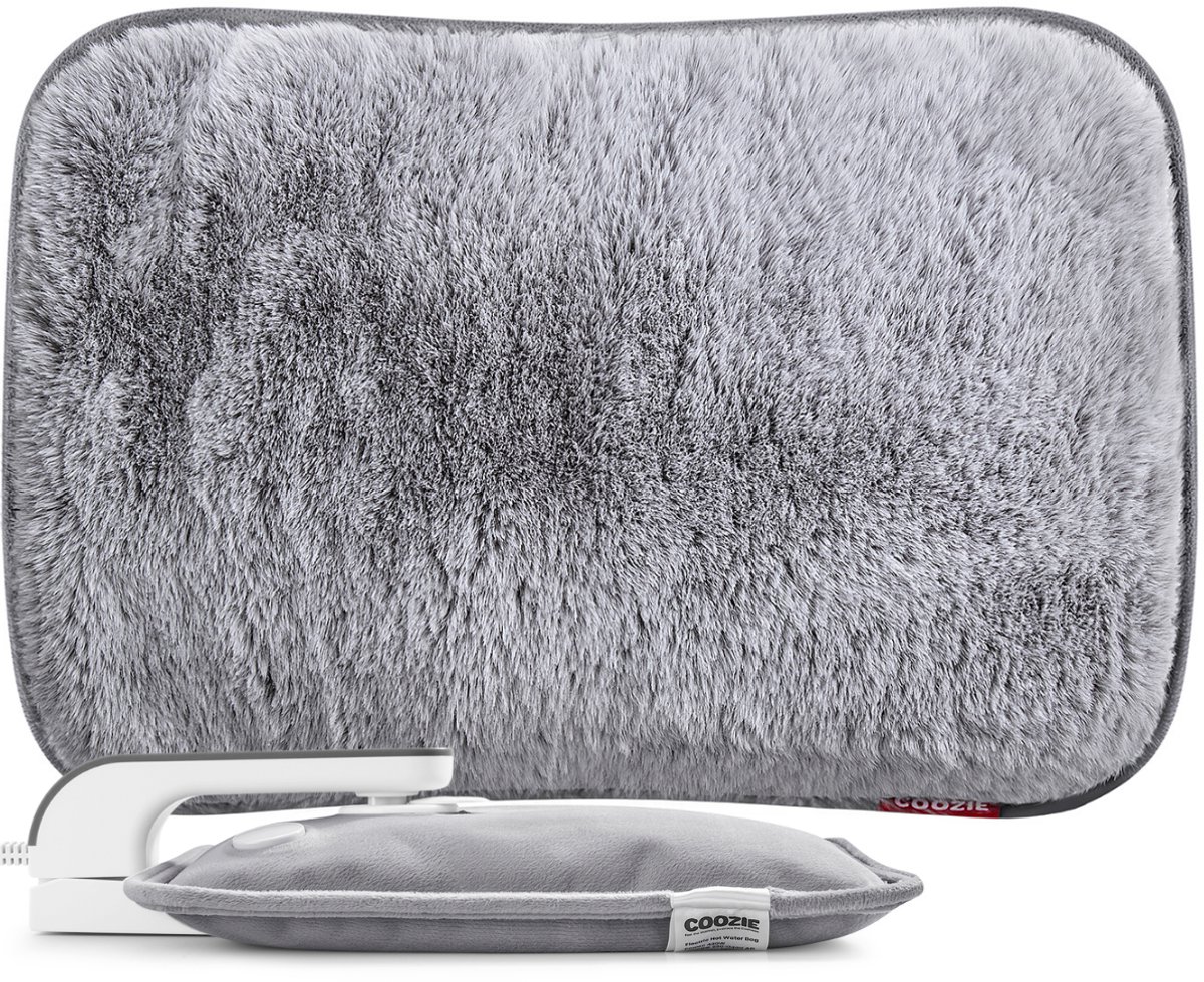 Coozie Elektrische Kruik – 1L – met ThermoSoft Hoes van Fluffy Stof – Verwarmende Zachte Warmwaterkruik – Warmtekruik – Grijs