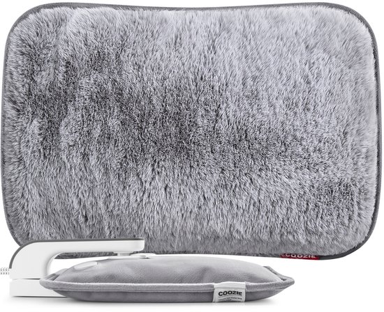Coozie Elektrische Kruik – 1L – met ThermoSoft Hoes van Fluffy Stof – Verwarmende Zachte Warmwaterkruik – Warmtekruik – Grijs