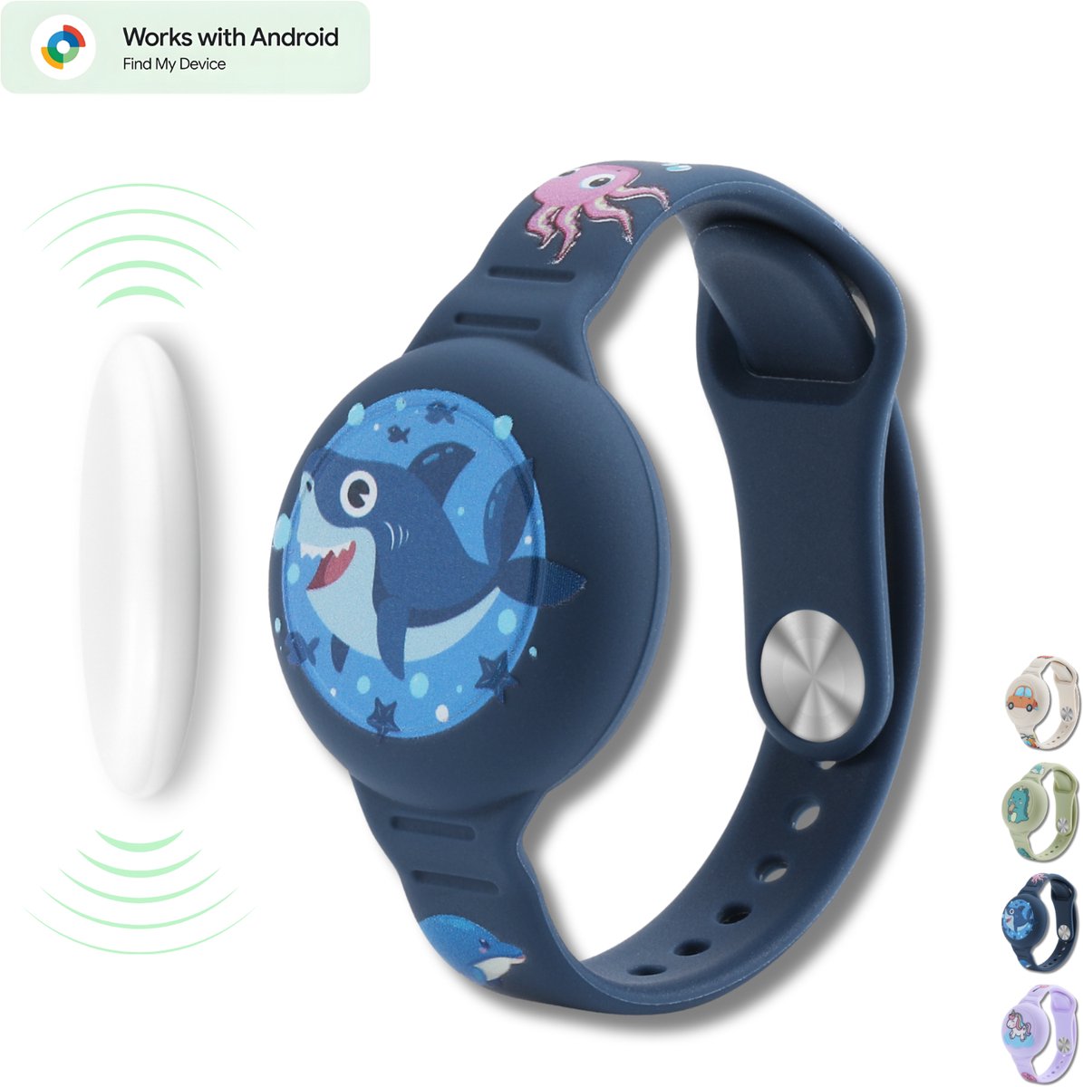 Tracker kind voor Android - Loshall - Compatibel met Android Find My - Armband inclusief tracker voor Android - Bluetooth tracker - Onbeperkte lokalisering - Google Find Hub - Met geluidssignaal - Waterdicht - Blauwe haai