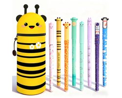 Namajunas - Uitwisbare pennen 8 kleuren - Gelpennen met siliconen etui - Bij Pennenzak - 0,6 mm Cartoon Patroon Dierenpen voor Schoolspullen van Kinderen of Kantoorbenodigdheden voor Volwassenen - Cadeauset - Niet geschikt voor legami vulling