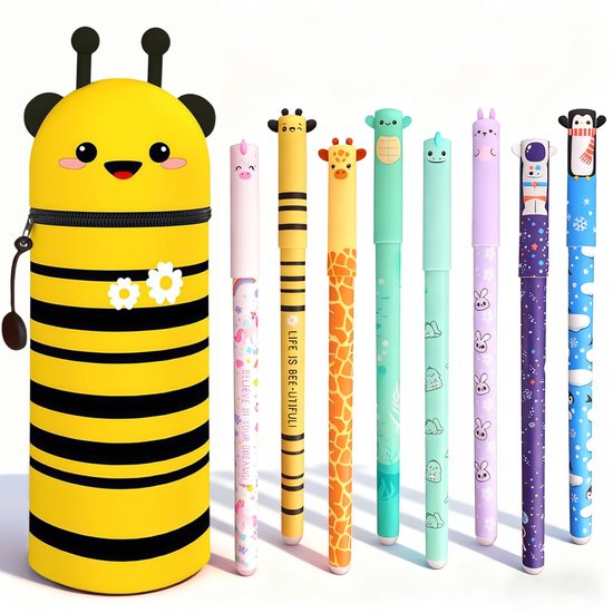Namajunas - Uitwisbare pennen 8 kleuren - Gelpennen met siliconen etui - Bij Pennenzak - 0,6 mm Cartoon Patroon Dierenpen voor Schoolspullen van Kinderen of Kantoorbenodigdheden voor Volwassenen - Cadeauset - Niet geschikt voor legami vulling