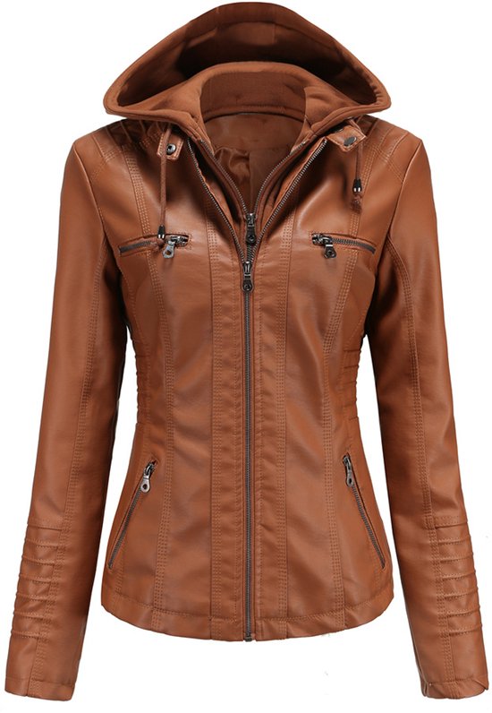 Veste marron en simili cuir avec capuche, fermetures éclair et manches détaillées.