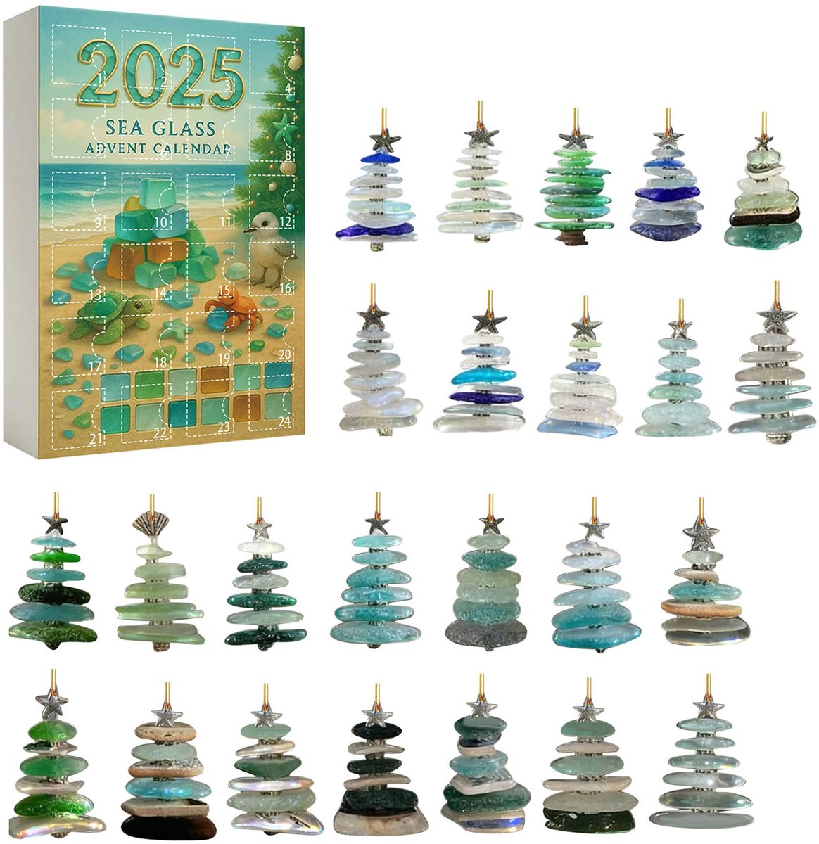 24-daagse adventskalender met zeeglas Kerstboomversieringen DIY in meerdere kleuren
