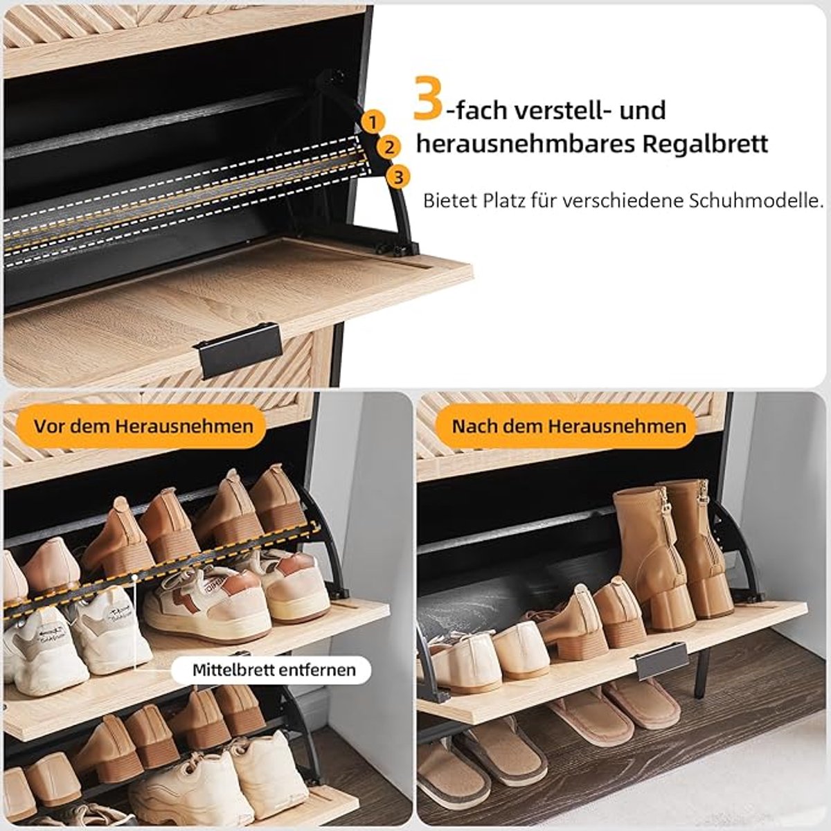 Schoenenkast met 2 Kleppen – Smal & Ruimtebesparend Schoenenrek – Moderne Houten Schoenenkast met Lade – Halmeubel in Eiken en Zwart – Verstelbare Planken – 60x23x99 cm – HomeByNicole