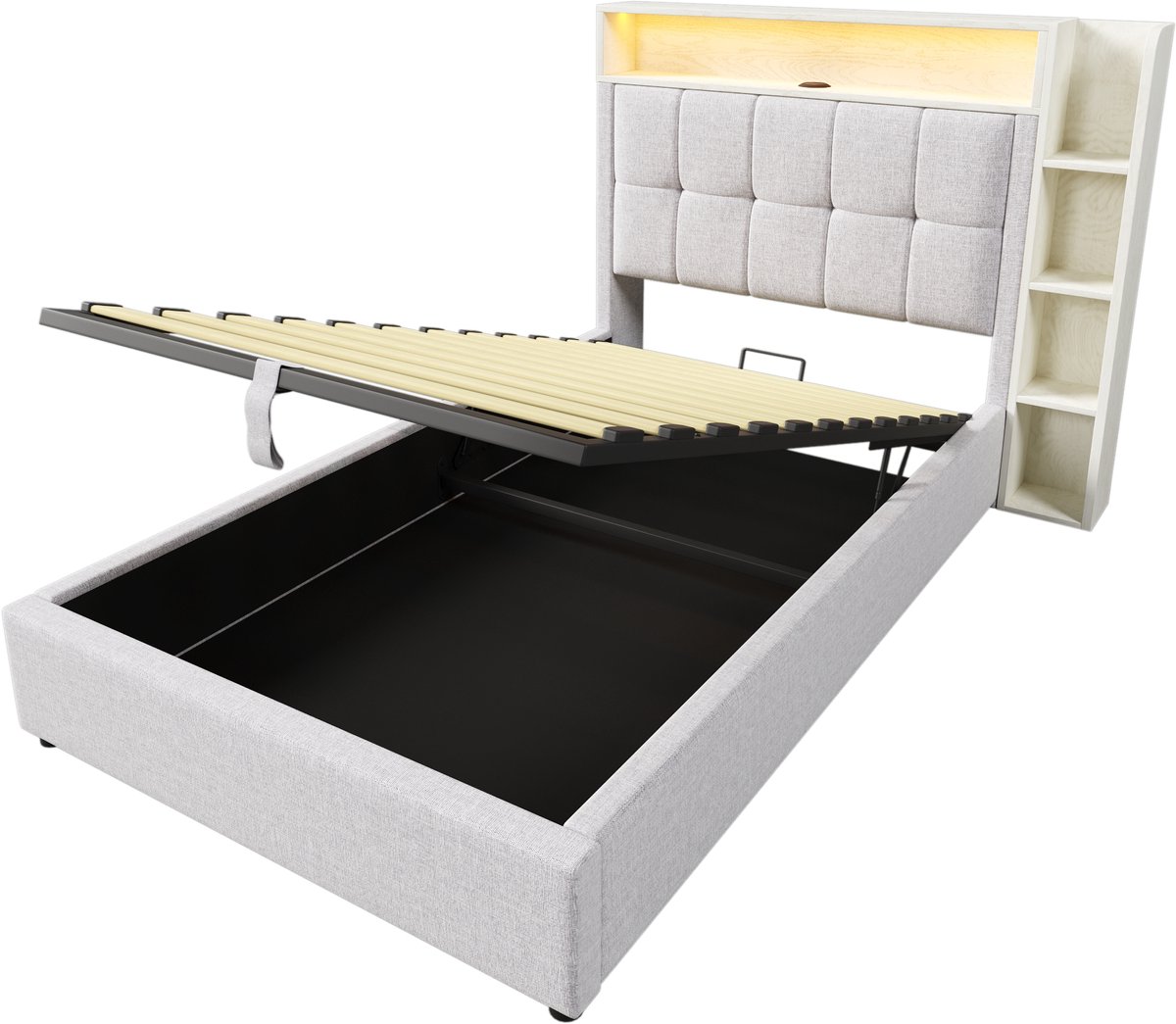 Merax Eenpersoonsbed 90x200 cm - met USB Type-C oplaadfunctie - met opbergruimte - LED-verlichting - beige - zonder matras
