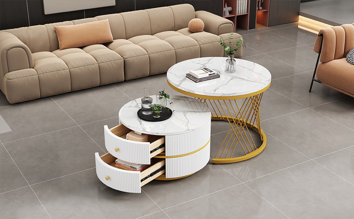 STILVORA Salontafels - Koffietafel Rond 2 Stuks Met Lade En Marmerlook - Voor Woonkamer Of Balkon - MDF - Goud - 60x60x46+50x50x30.8 cm