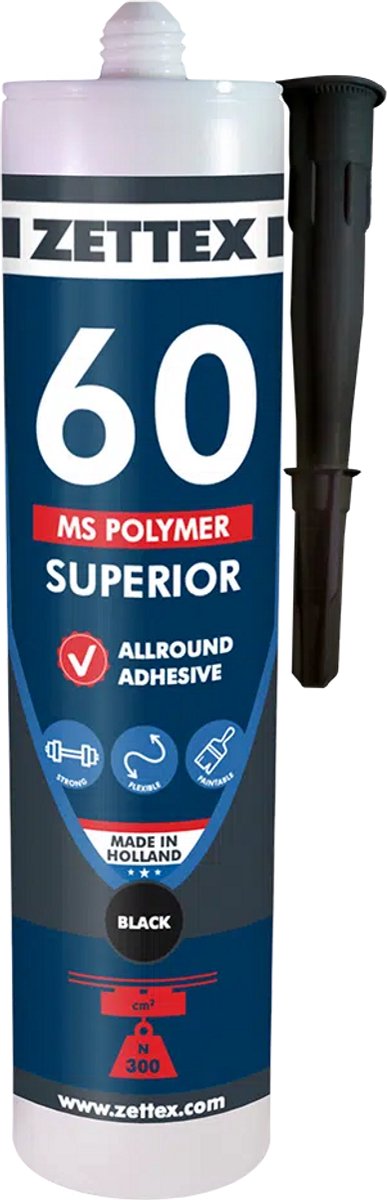 Zettex MS 60 Polymeerkit Superior - Montagekit – Lijmkit – Afdichtkit - Binnen & Buiten - 290 ml - Zwart