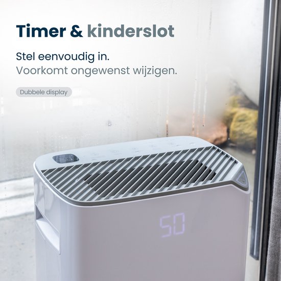 Bovenaanzicht van de witte Vibrix luchtontvochtiger met grijs rooster en display '50'. Focus op timer en kinderslot.