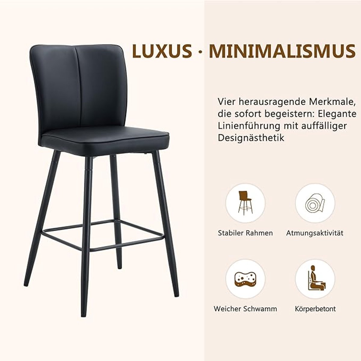 Barstoelen 2 stuks – HomeByNicole Luxe Kunstleer Barhocker met Rugleuning, Zwarte Metalen Poten en Ronde Voetsteun – Modern, Comfortabel en Robuust voor Keuken, Bar of Eettafel