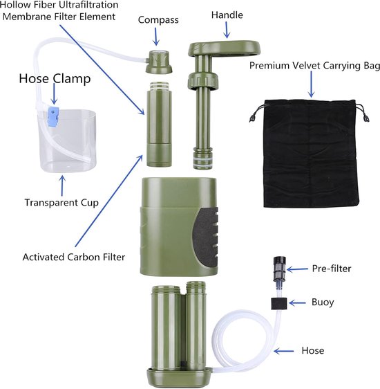 Waterfilter Kampeerwaterfilter, Outdoor Survival Waterfilter, BPA-Vrij, Buitenpomp met opbergtas Buitenwaterfilter, voor drinkwater voor noodgevallen, overleving, kamperen, reizen, vissen, verlevingsuitrusting, Water Filtersysteem - Cyslmuk® van Cyslmuk® — afbeelding 2
