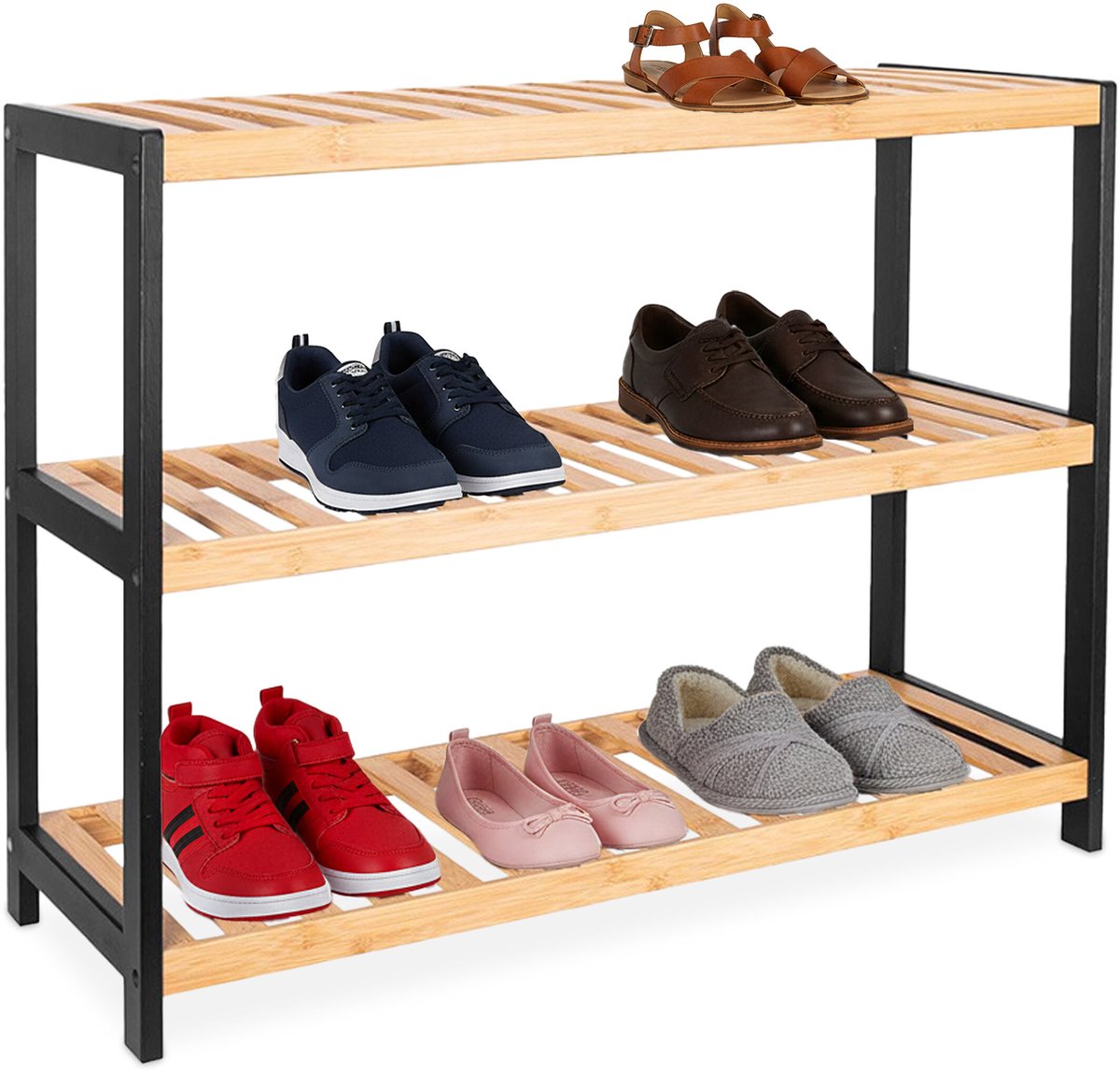 Schoenenrek bamboe - 70 cm breed - 3 laags - natuur-zwart