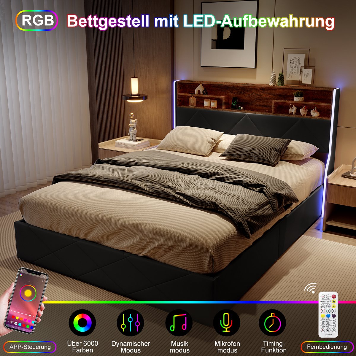 Tweepersoonsbed 160×200cm Met USB Opladen en RGB LED Verlichting, Beddenkop Met Drie-Lagen Opbergplanken, Hydraulische Opbergruimte Onder Bed, Opbergbed voor Jeugd en Volwassenen, Zwart PU Leer