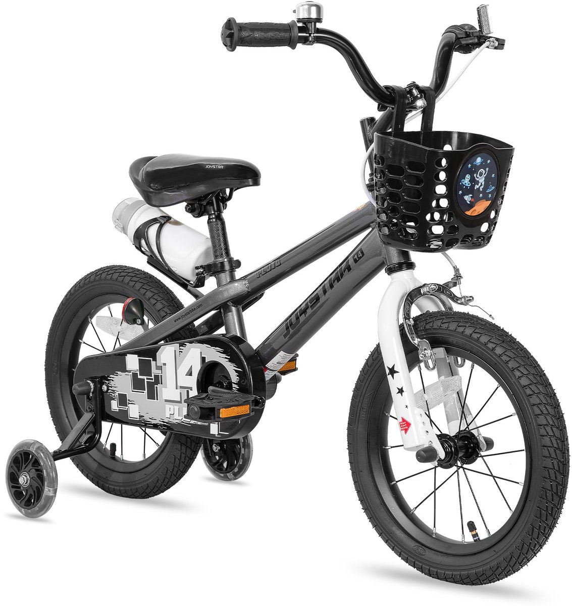 Joystar Pluto Kinderfiets - 16 inch - met mandje - met waterfles - zijwieltjes - bel - handrem - grijs - Geschikt voor buitenactiviteiten in de lente