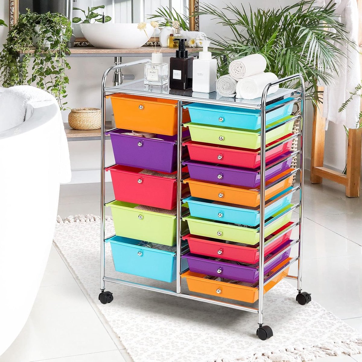 Mobiele Opbergtrolley met 15 Lades – Multifunctionele Organizer Trolley met Vergrendelbare Wielen voor Thuis, Kantoor & School – Metaal & PP Lades – Meerkleurig
