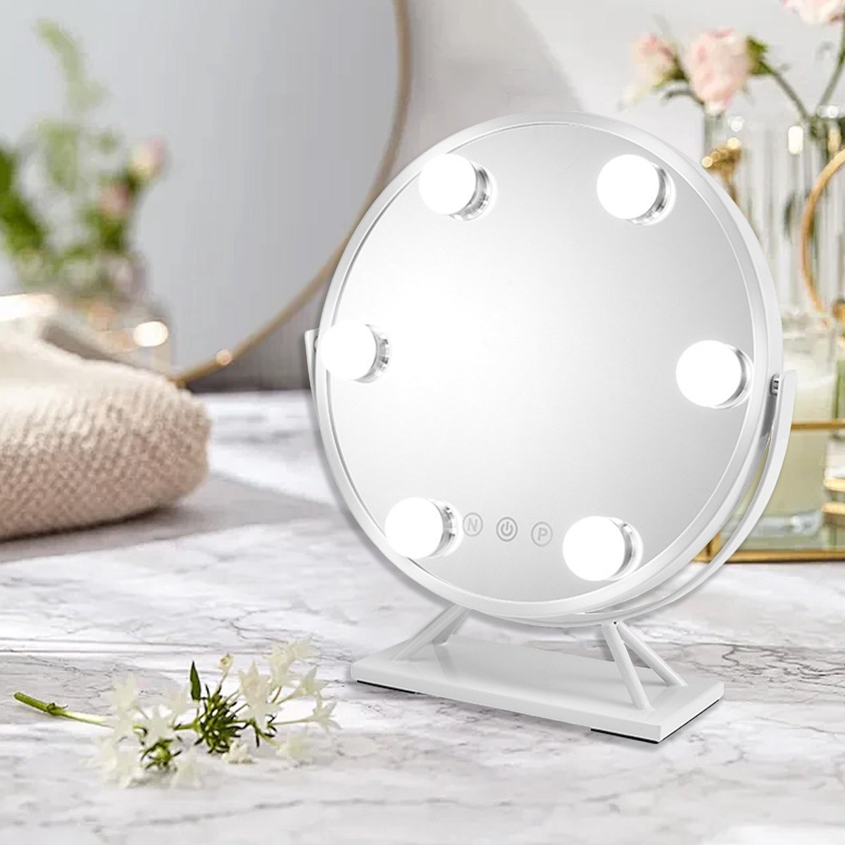 CHIWIN Hollywood Spiegel met 6 LED Lampen - Makeup Spiegel met Verlichting - 3 Kleurtemperaturen & 360° Draaibaar - Aanraakbediening Visagie Spiegel - Kaptafel Spiegel met Geheugenfunctie - Scheerspiegel - Driehoekige Basis - 30x33cm - Wit
