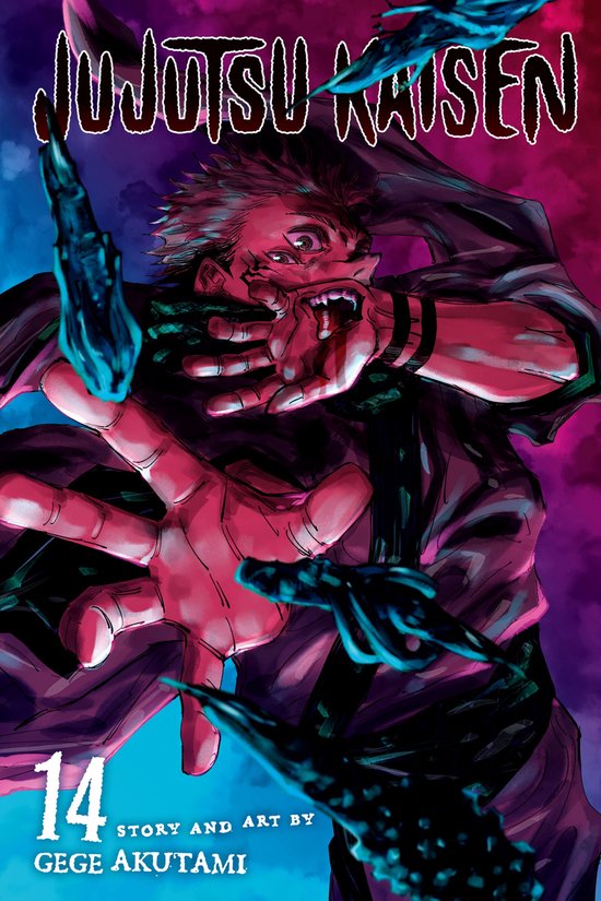 Jujutsu Kaisen 14 : Un homme aux yeux rouges, aux dents proéminentes et du sang sur la main, entouré de créatures noires.