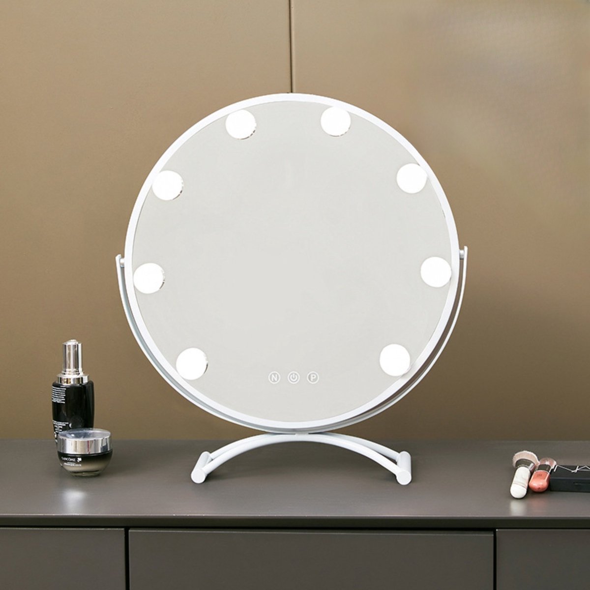 CHIWIN Hollywood Spiegel met Verlichting - 360° Draaibaar Makeup Spiegel Rond - 8x Led Lampen - Visagie Spiegel met Geheugenfunctie - 3 Kleurtemperaturen - Kaptafel Spiegel - Aanraakbediening Tafelspiegel - 30x34cm - Wit